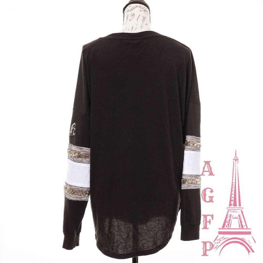 PINK VS bling Logo sequin Varsity black V neck Top - Picture 5 of 10